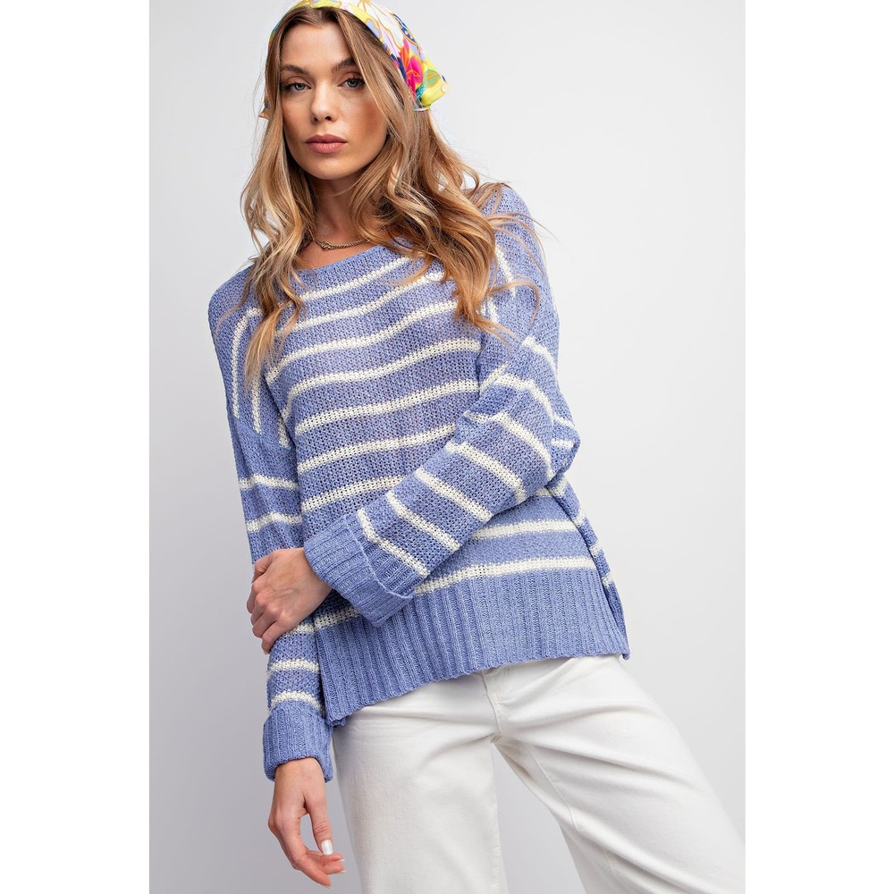 Knitted Sweater - Relaxed Fit - Periwinkle with White Stripes